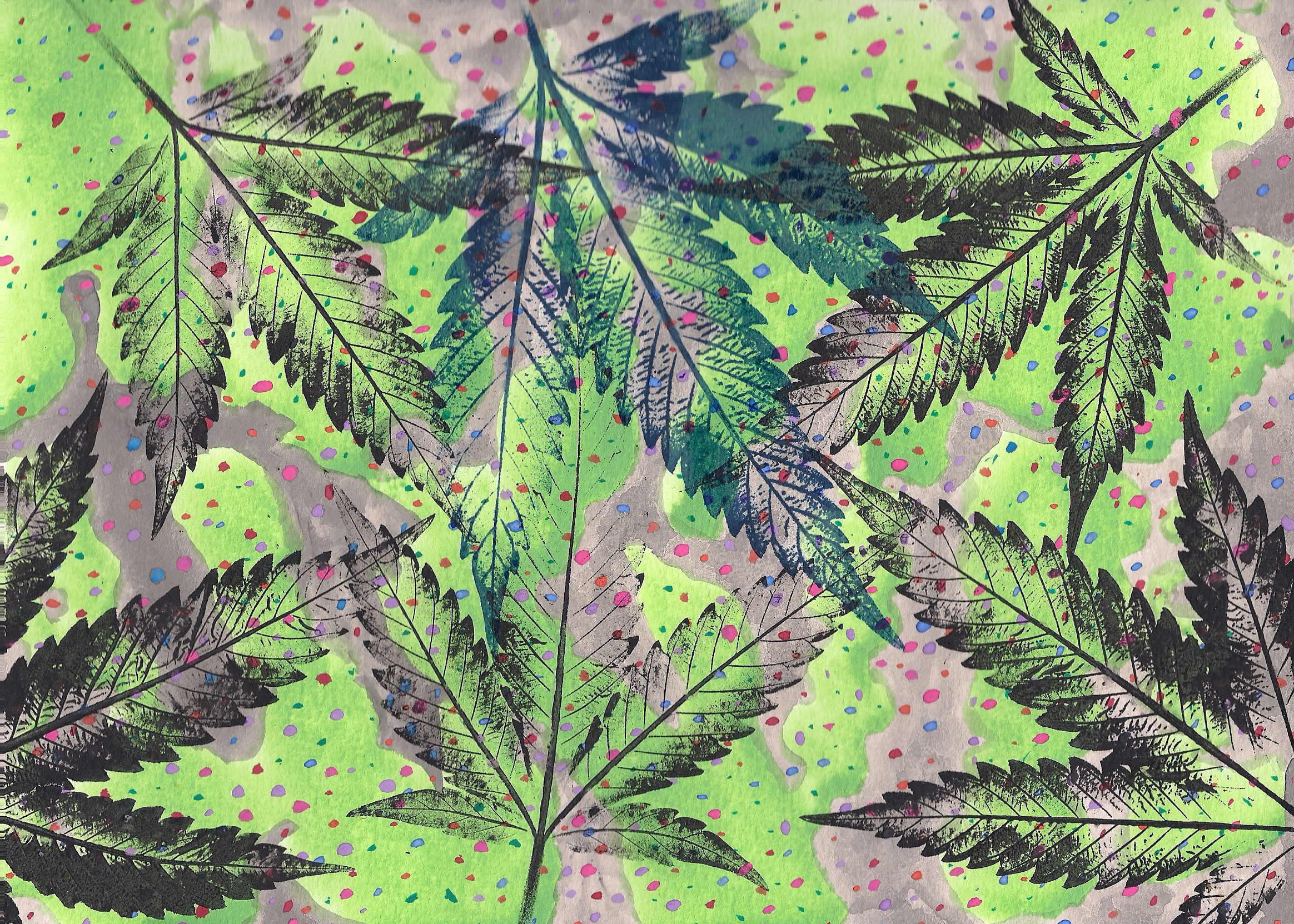 A watercolor painting with imprints of cannabis leaves over green and purple patches.