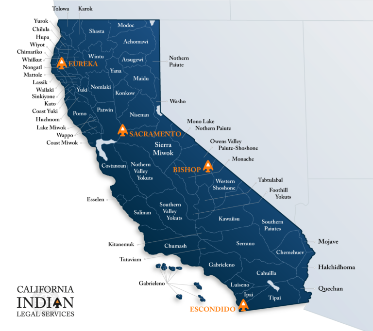 Map of California showing Indian Tribes' ancestral territories.